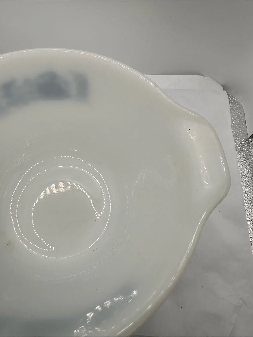 Vintage Currier & Ives White Milk Glass Mixing Bowl with Blue Train Motif